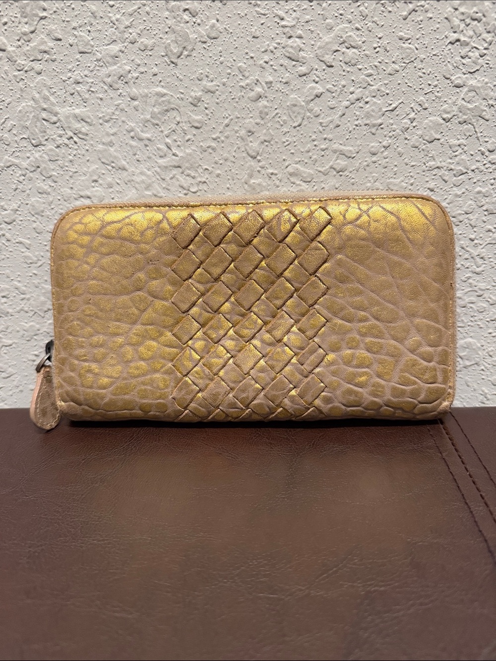 Bottega Veneta Metallic Gold Woven Zip Wallet
